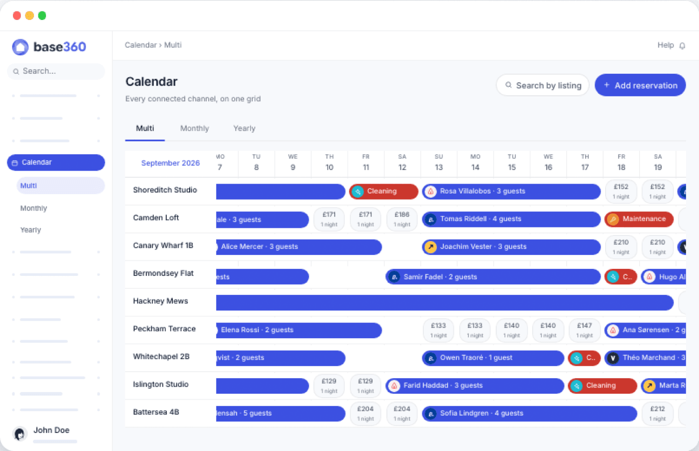Base360 calendar: every connected channel's bookings, cleaning and maintenance on one grid
