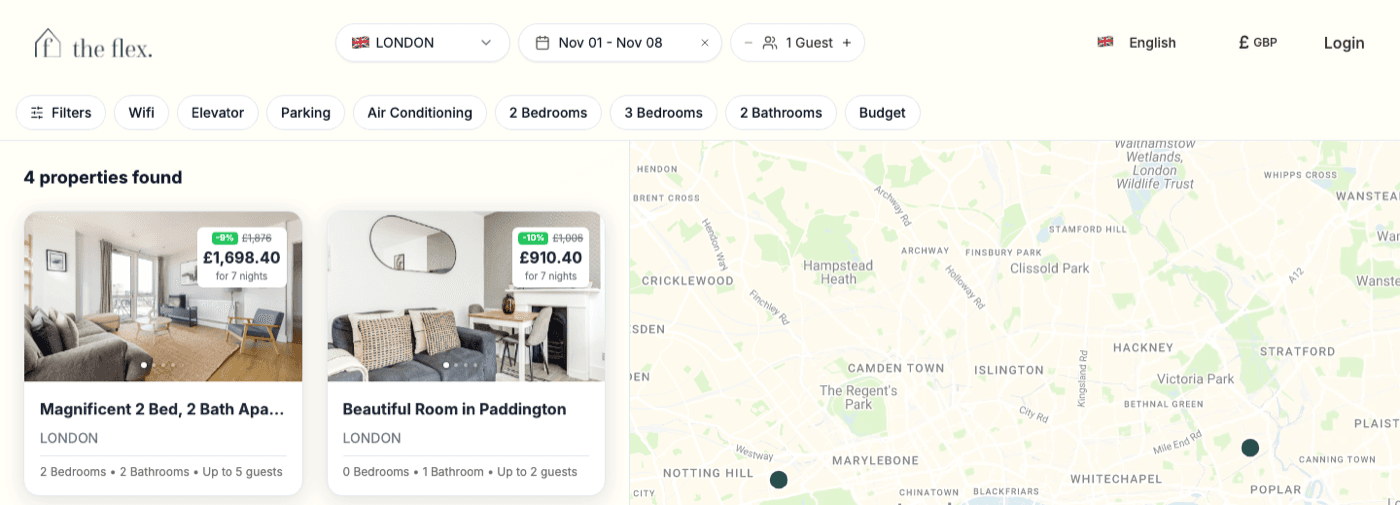 The Flex search results: furnished London apartments with weekly prices and a map